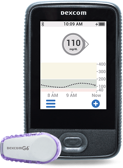 Dexcom G6 Continuous Glucose Monitoring System A Dexcom G6 sensor and receiver