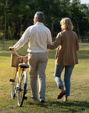 Think of ways to exercise outside of a gym Elderly couple going for a walk