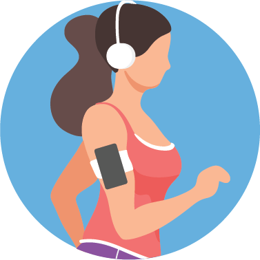 Icon of a woman walking with headphones on