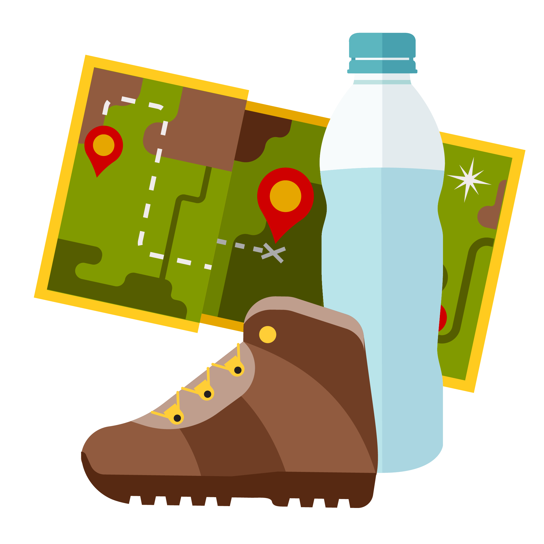 hiking supplies, boot, map and water