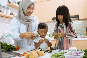 family making dinner